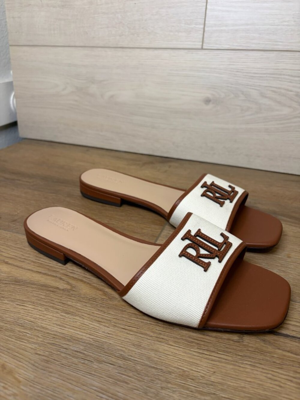 Lauren Ralph Lauren Everley Canvas Slide Sandals Brown White 10B